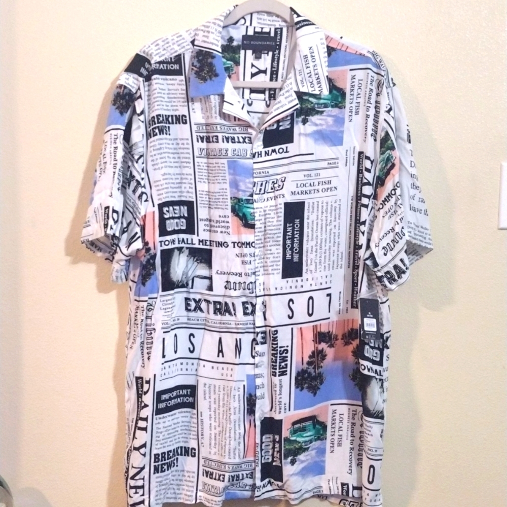 Rayon resort shirt, Los Angeles news print design. , XL 46-48
